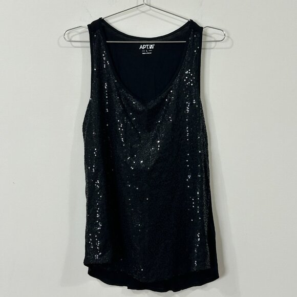 APT. 9 Black Sequin Scoop Neck Tank Top Size L Sleeveless Shell High Low Hem - Picture 1 of 11